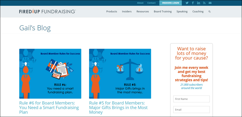 Nonprofit leaders would find the Fired-Up Fundraising fundraising blog useful.