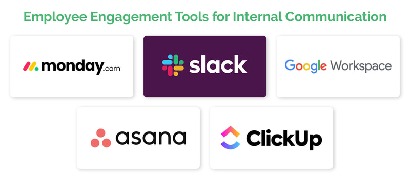 This image displays five employee engagement tools for internal communication and project management that are discussed in the sections below.