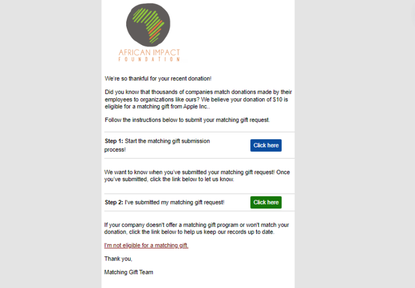 Matching gift follow-up email using fundraising software