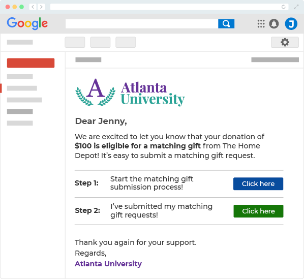 Matching gift email example
