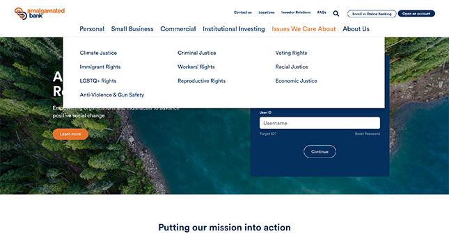 Amalgamate Bank's website prominently features all of the issues they care about, written below.