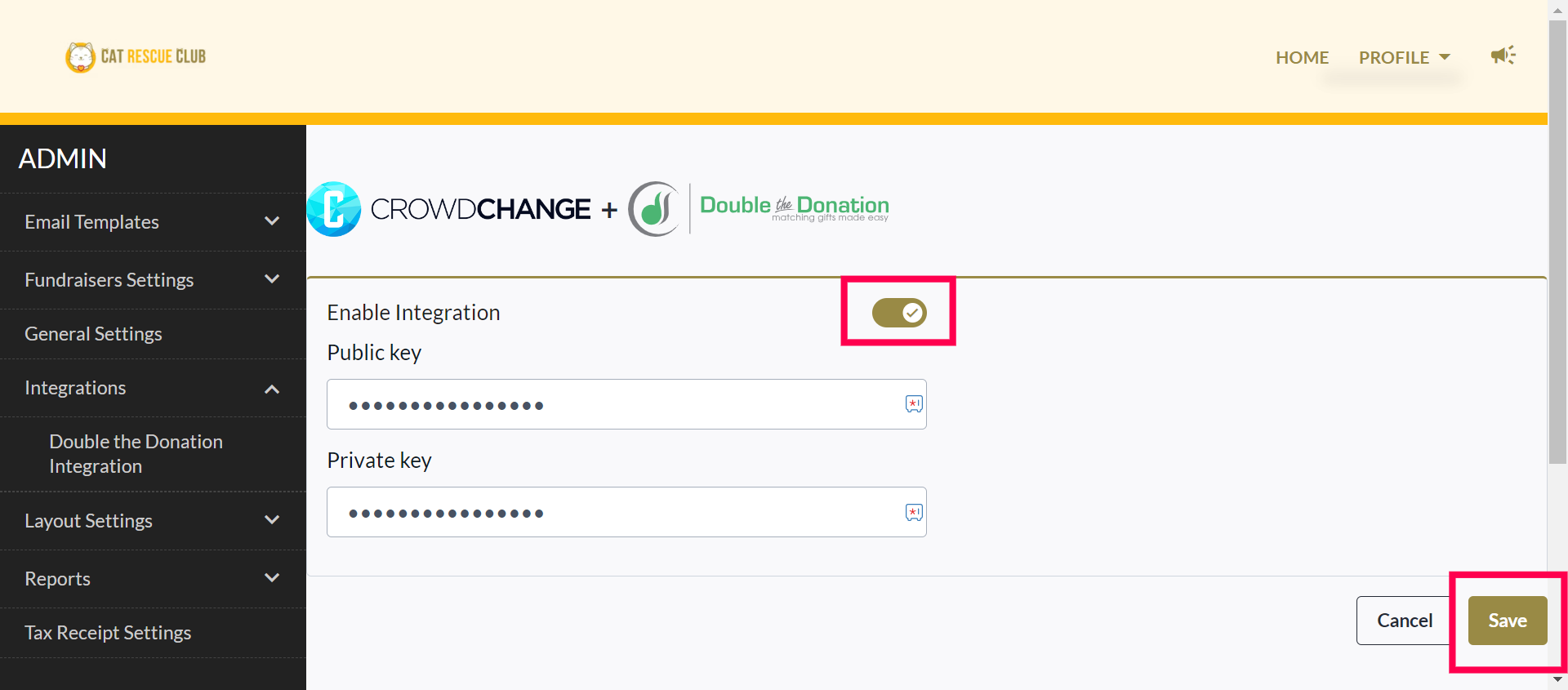 Shows a user entering their 360MatchPro API keys into CrowdChange to activate the integration