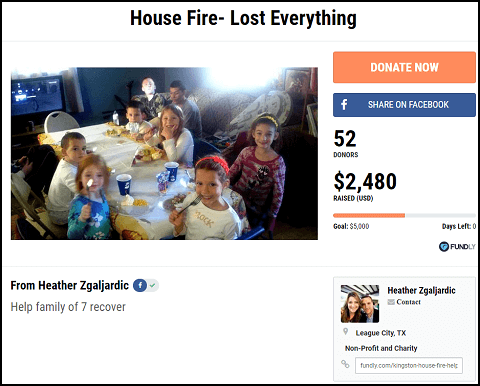 Here's a crowdfunding campaign that helped raise money for a family after a fire.