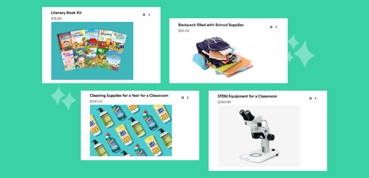 This image shows an example of a virtual back-to-school drive hosted by Teachers’ Treasures as an employee giving campaign.