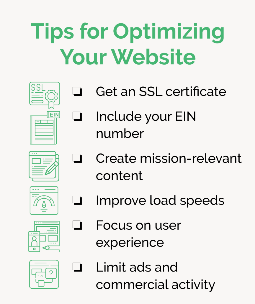 This graphic and the checklist above list how to prepare your website for the Google Grant application.