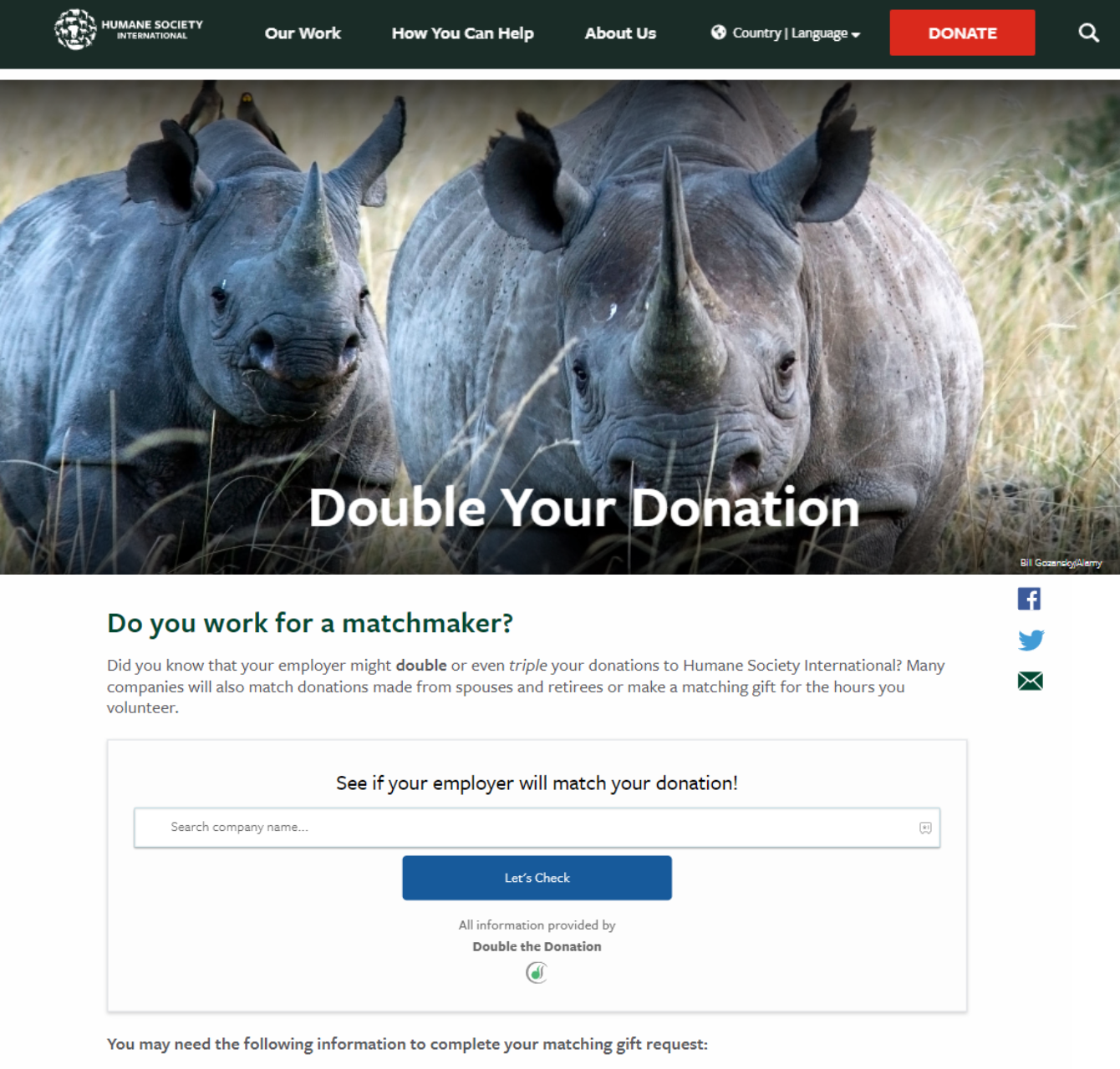 Humane Society International matching gift page