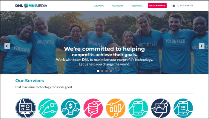 A screenshot of the DNL Omnimedia homepage. DNL is a top nonprofit consulting firm. 