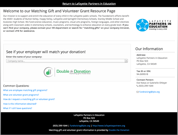 Screenshot of Lafayette Partners In Education's Matching Gift Page
