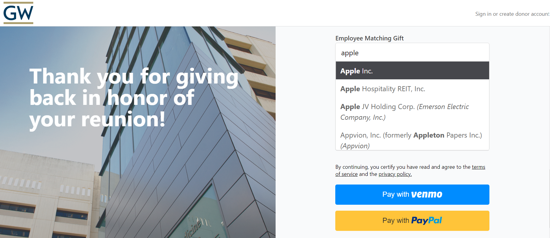 Employer selection using peer-to-peer fundraising software