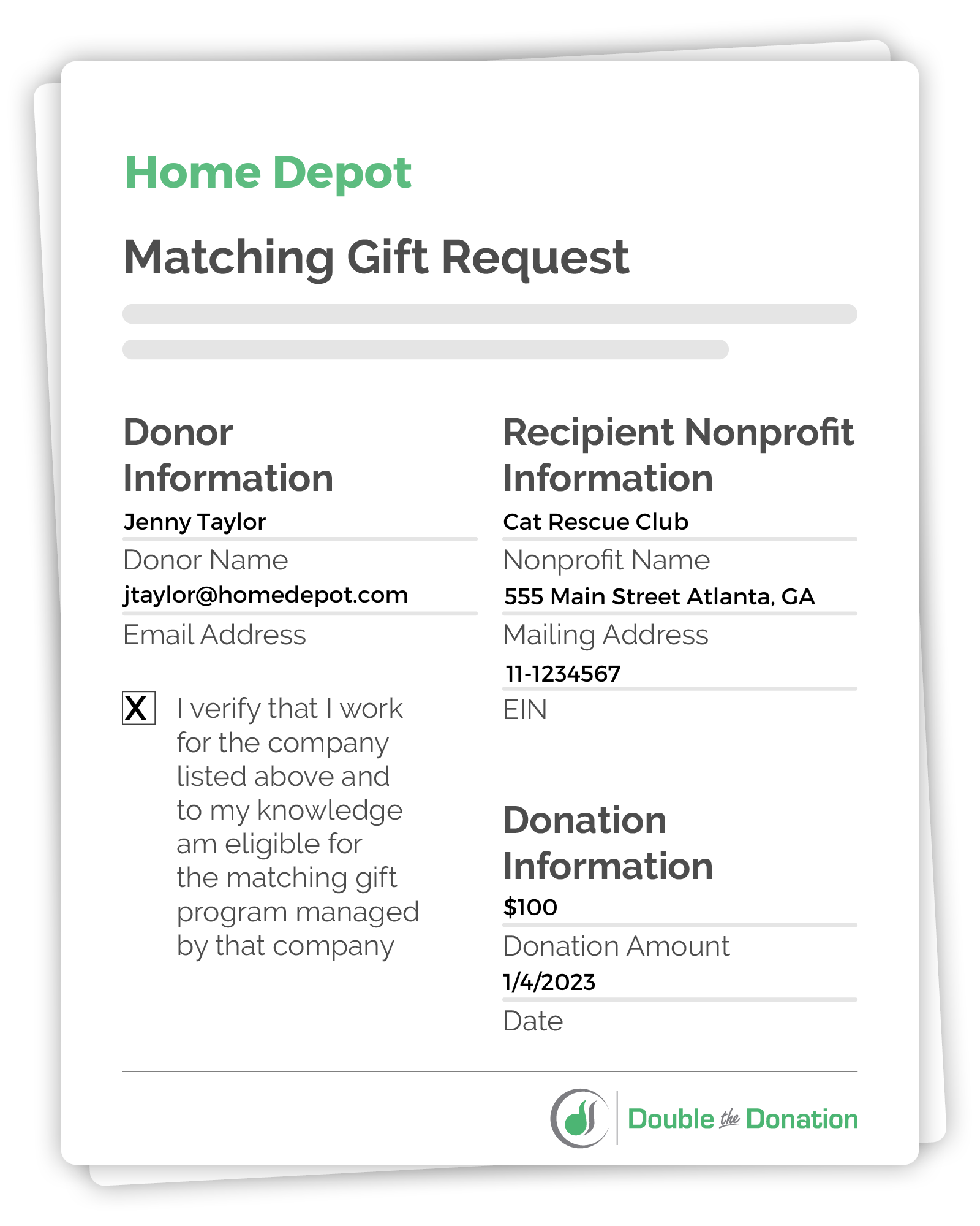 Here's an example of Double the Donation's completed standard matching gift request form